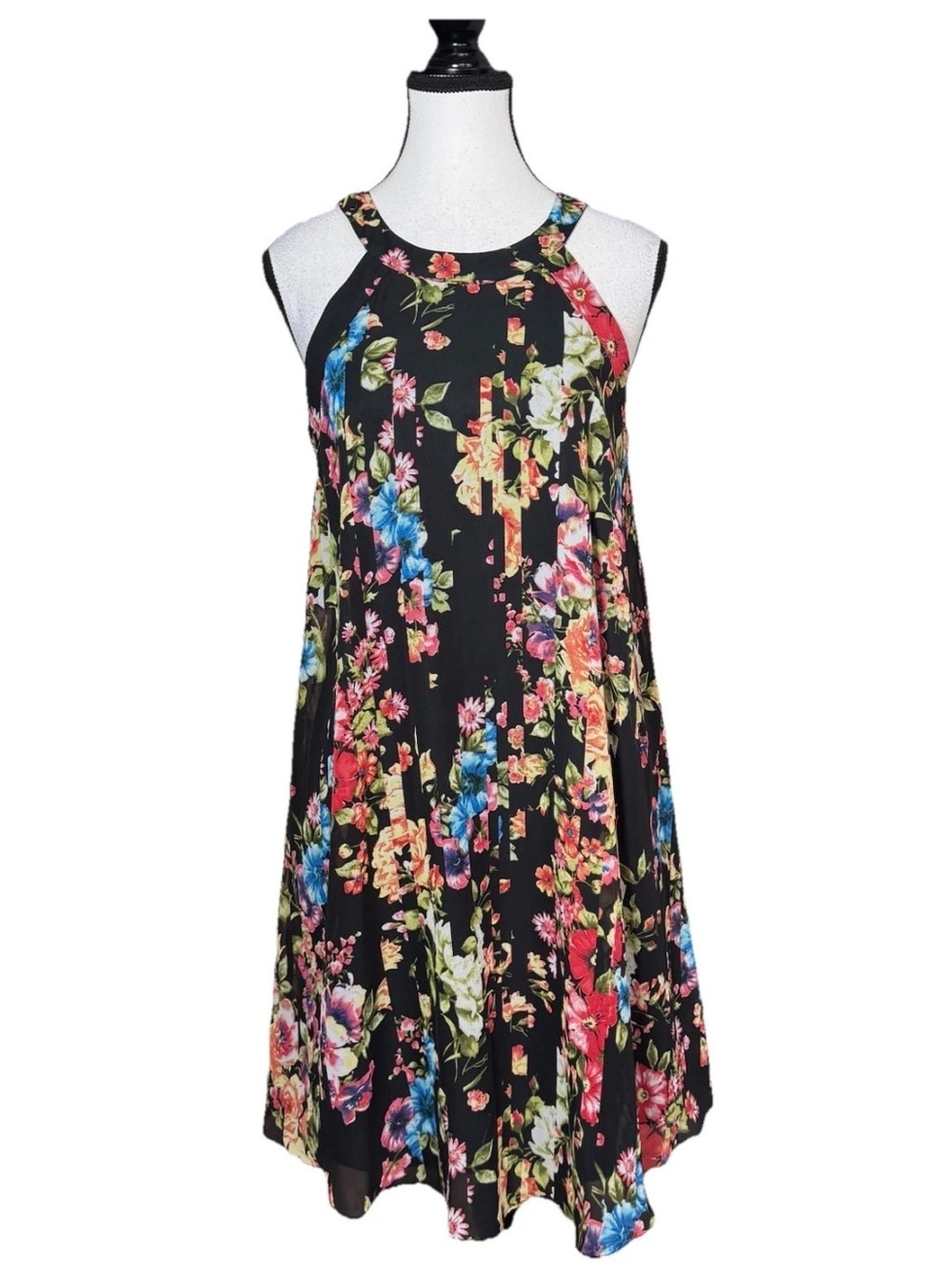 Betsey Johnson Halter Trapeze Dress Size 4 Black Floral Chiffon Pleated Mini Y2K